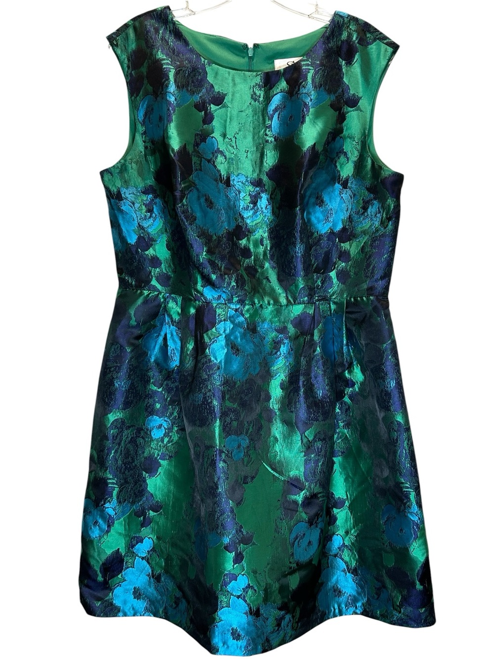 Green and Blue Fit & Flare Floral Satin Damask Midi Cocktail Dress - Size 14